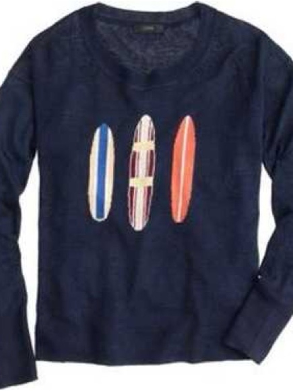 EUC J. CREW Crewneck Sweater w/Blue, White, Orange Surfboard Graphic Long Sleeve
